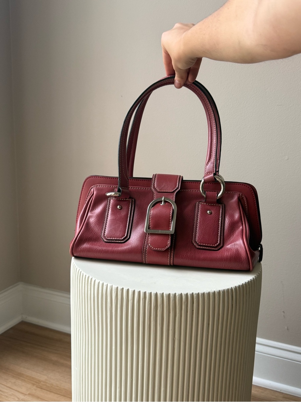 Bellerose Pink Buckle Satchel Handbag Y2K Faux Leather Shoulder Bag